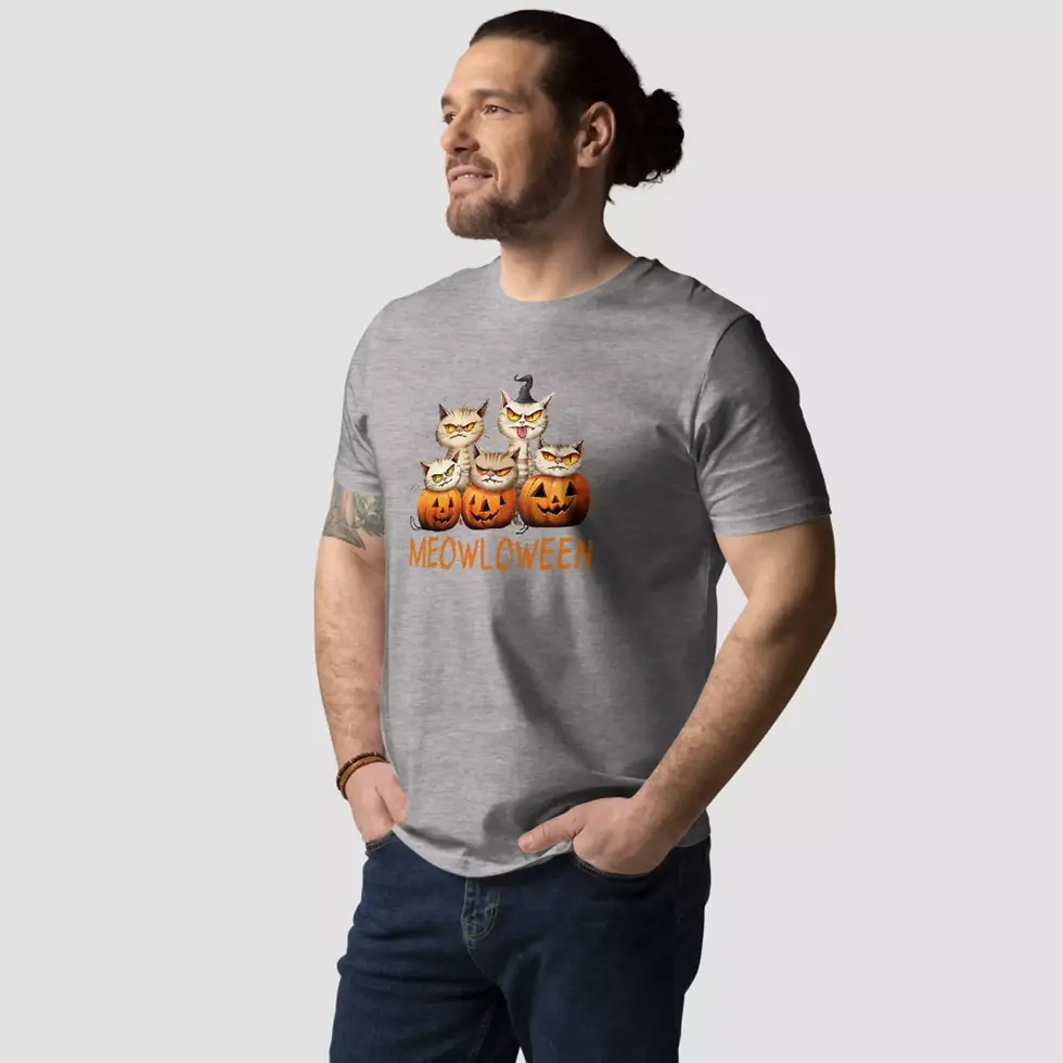 Miniature : T-shirt meowloween Halloween couleur gris. Un homme a enfilé ce haut unisexe. L'impression est réalisée sur un coton bio.