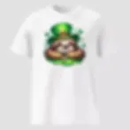 T-shirt leprechaun sloth St-Patrick blanc. Modèle unisexe en coton bio non porté. Motif original et créatif pour le 17 mars.
