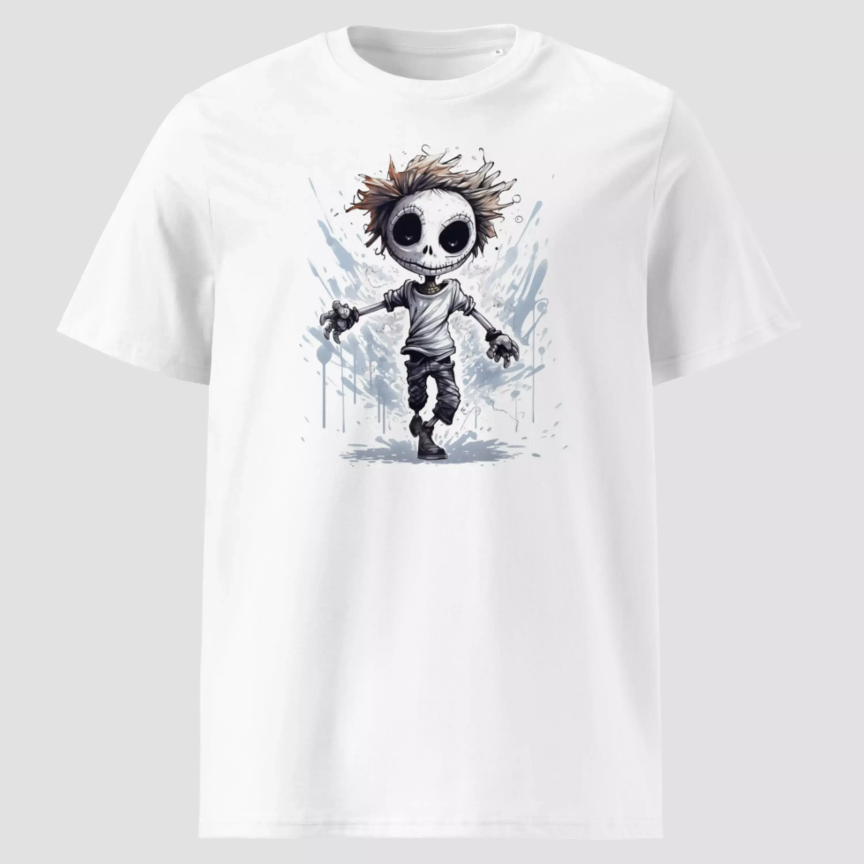 T-shirt zombie Halloween coton bio blanc. Un haut unisexe non porté pour voir la qualité et les détails de l'impression.