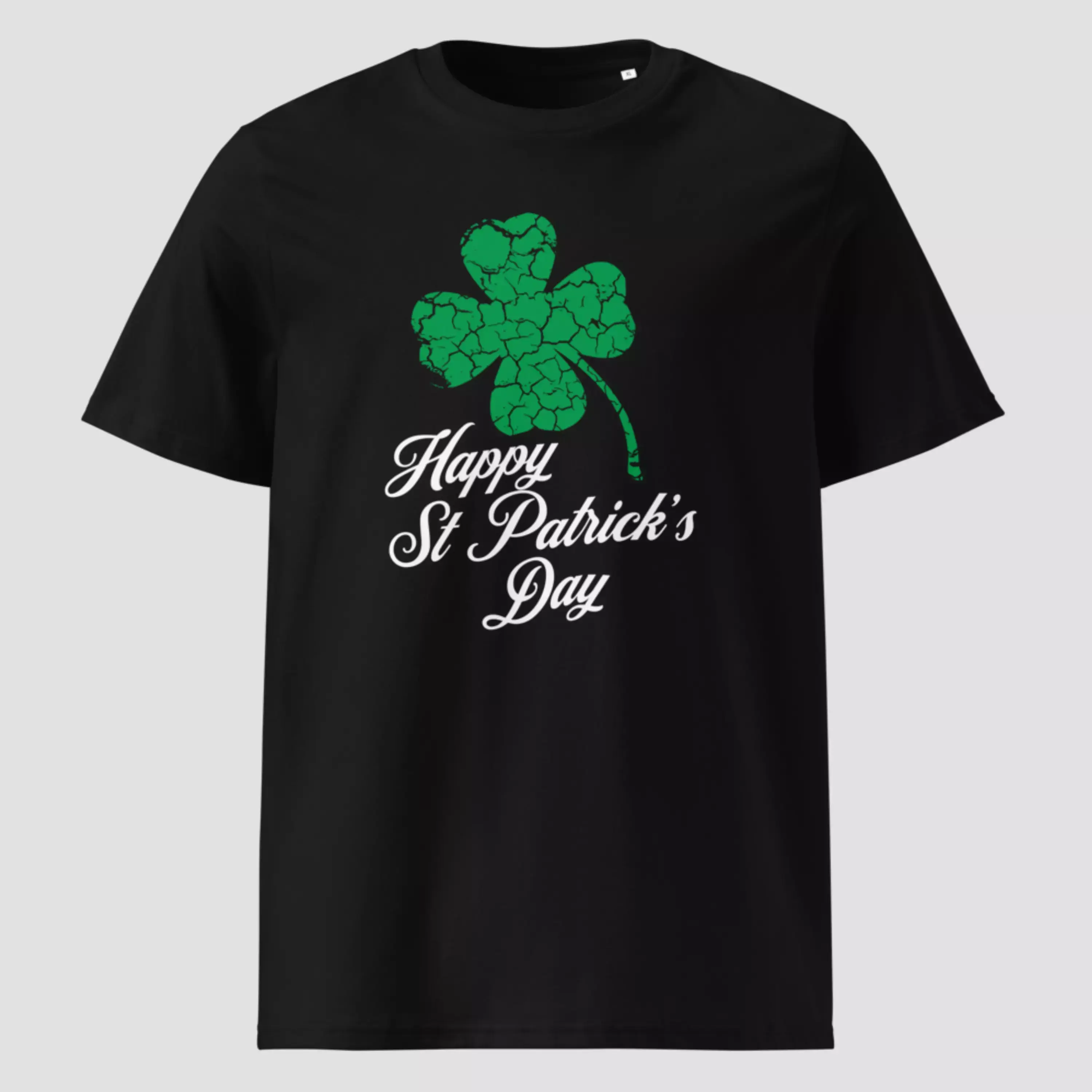 T-shirt trèfle Saint-Patrick noir. Un haut unisexe en coton bio certifié. Non porté pour voir le design original et typique.