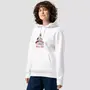 Miniature : Sweat à capuche chat Noël blanc. Haut unisexe mis en valeur par une femme. Design imprimé sur un coton bio et doux.
