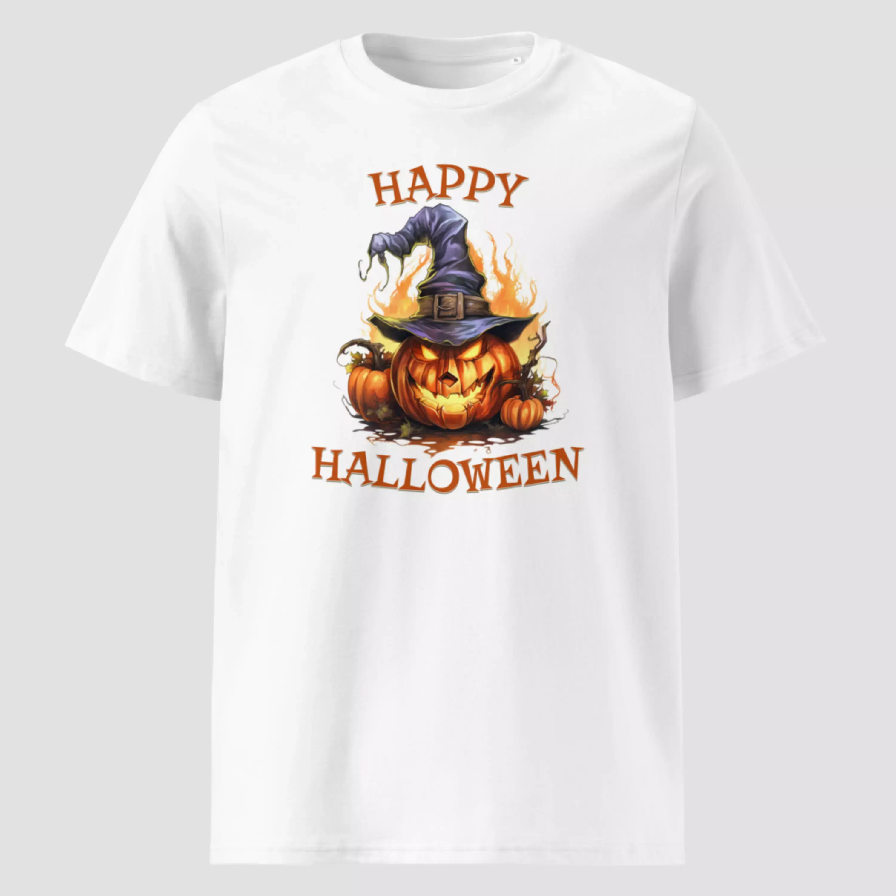 T-shirt potiron happy Halloween en coton bio couleur blanc. Haut unisexe non porté pour voir les détails du design imprimé.