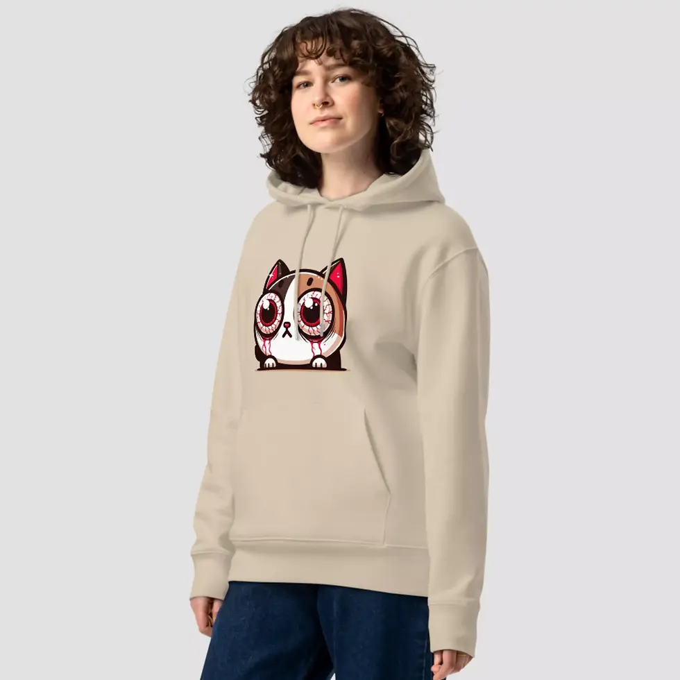 Miniature : Sweat à capuche humour décalé chaton sable. Haut unisexe mis en valeur par une femme. Design imprimé sur un coton bio & doux.
