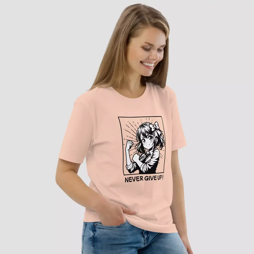 Miniature : T-shirt manga unisexe. Un haut de couleur peche enfilé par un mannequin féminin. Une impression sur un coton bio confortable.