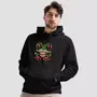 Miniature : Sweat à capuche humour décalé grenouille noir. Haut unisexe mis en valeur par un homme. Design imprimé sur un coton bio.