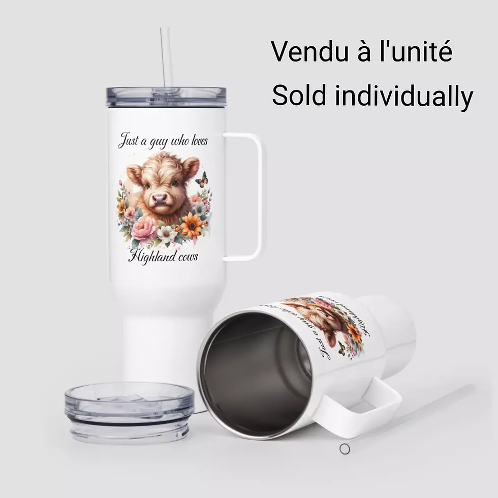 Miniature : Mug isotherme highland cows guy le cadeau idéal pour un anniversaire. Un modèle en acier inox personnalisé avec un design.