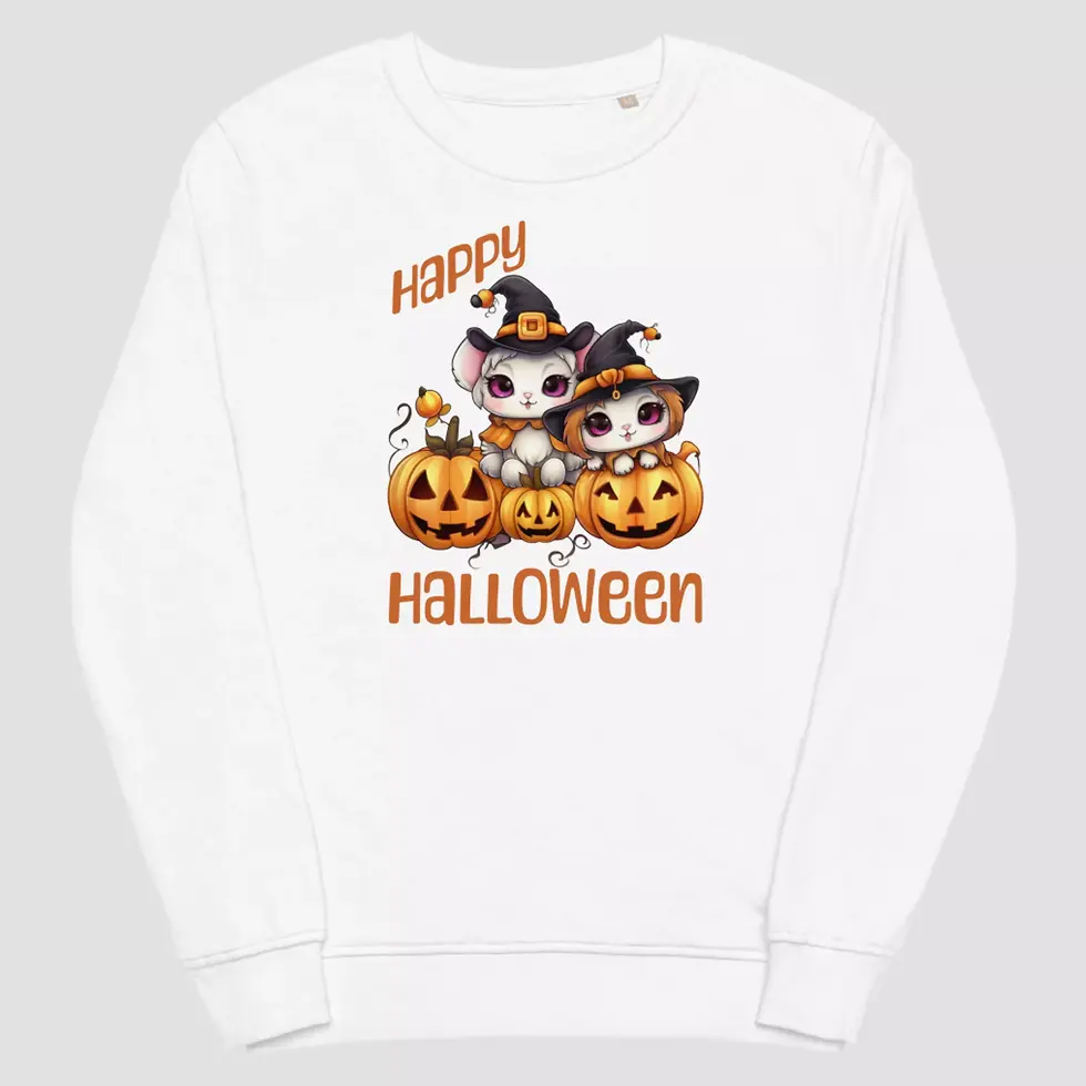 Sweat chat citrouille halloween en coton bio et polyester recyclé blanc. Haut unisexe non porté pour voir du design.