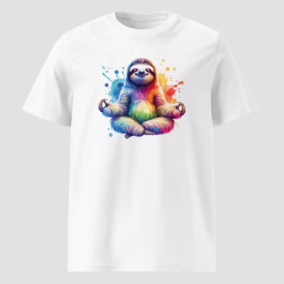 T-shirt paresseux yoga en coton bio blanc. Un haut unisexe non porté pour voir les détails du design plein de zen attitude.