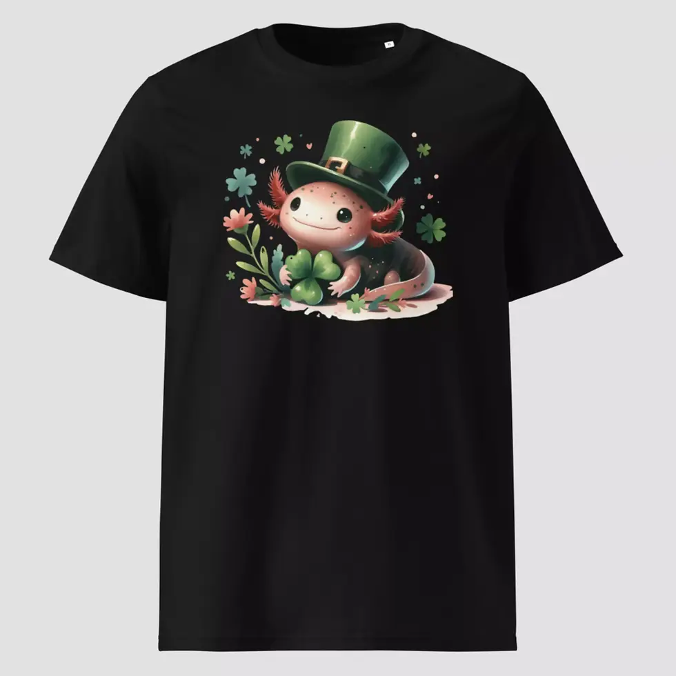 T-shirt axolotl Saint-Patrick noir. Modèle unisexe original en coton bio, non porté. Orné d'un imprimé cute pour le 17 mars.