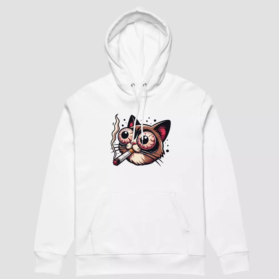 Miniature : Sweat à capuche humour décalé chat unisexe. Haut blanc mis à plat pour voir la qualité du design et du tissu en coton bio.