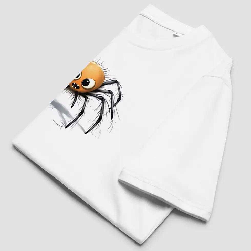 Miniature : T-shirt araignée Halloween unisexe. Modèle blanc plié pour voir les détails du design et la qualité du tissu en coton bio.
