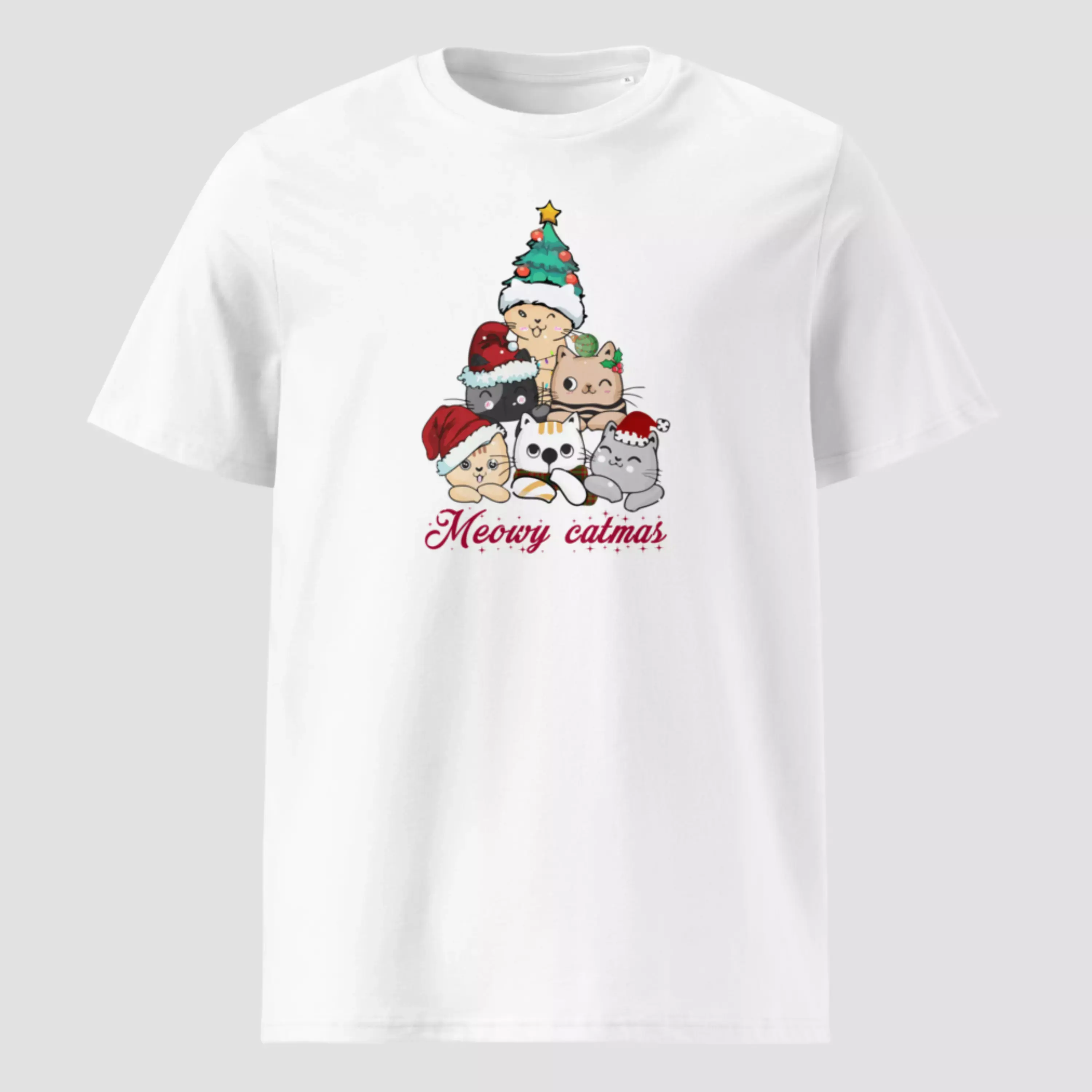 T-shirt chat Noël de couleur blanc. Haut unisexe non porté pour voir les détails du design imprimé sur un coton bio et doux.