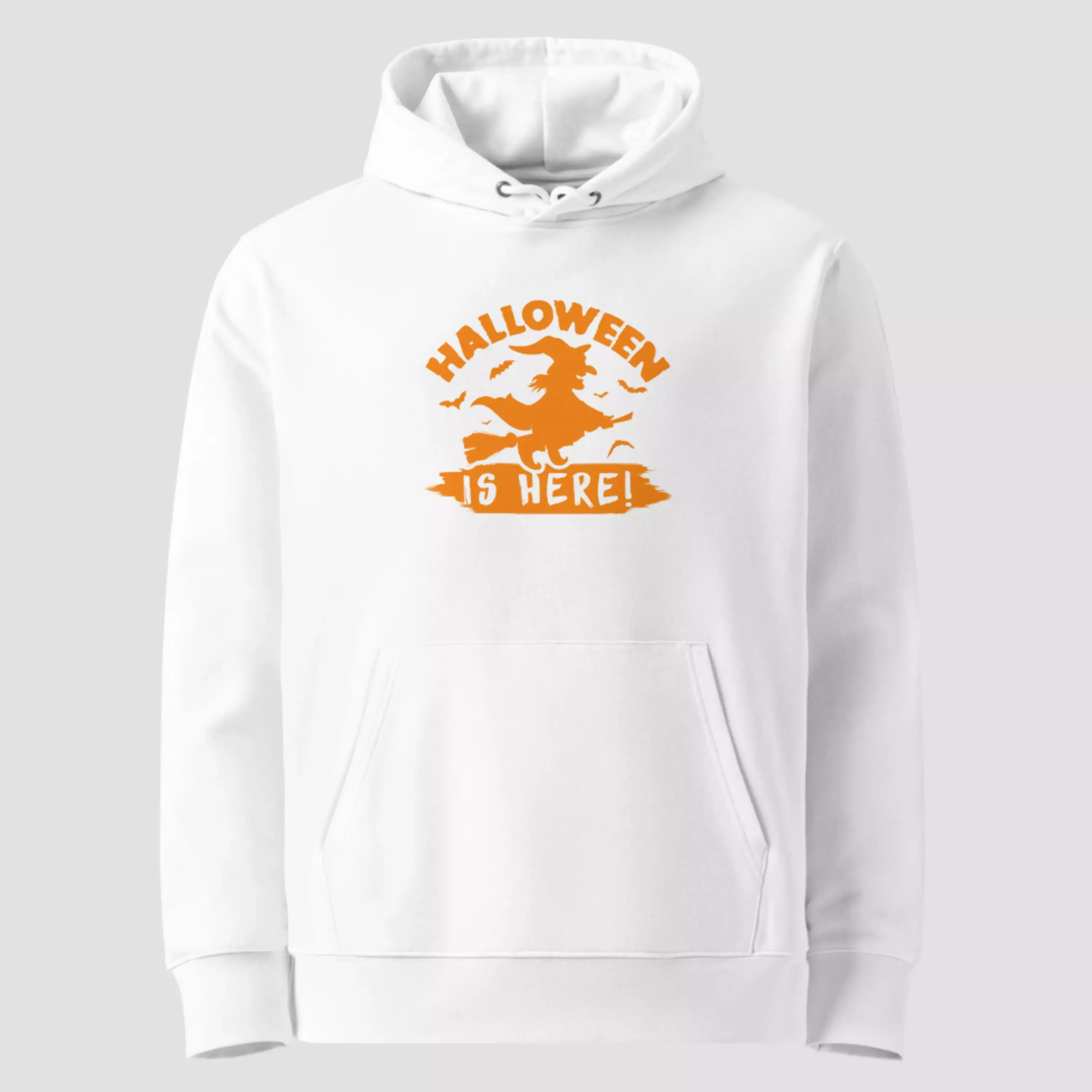 Sweat à capuche sorcière is here Halloween coton bio blanc. Haut unisexe non porté pour voir la qualité des détails du motif.