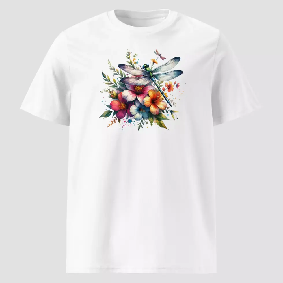 T-shirt nature libellule en coton bio blanc. Un modèle unisexe présenté non porté pour voir la qualité du design floral.