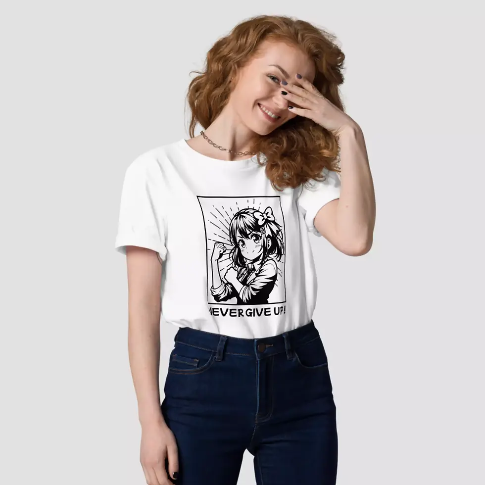 T-shirt manga blanc. Un haut unisexe porté par une femme. Un design exclusif imprimé sur un coton doux et confortable.