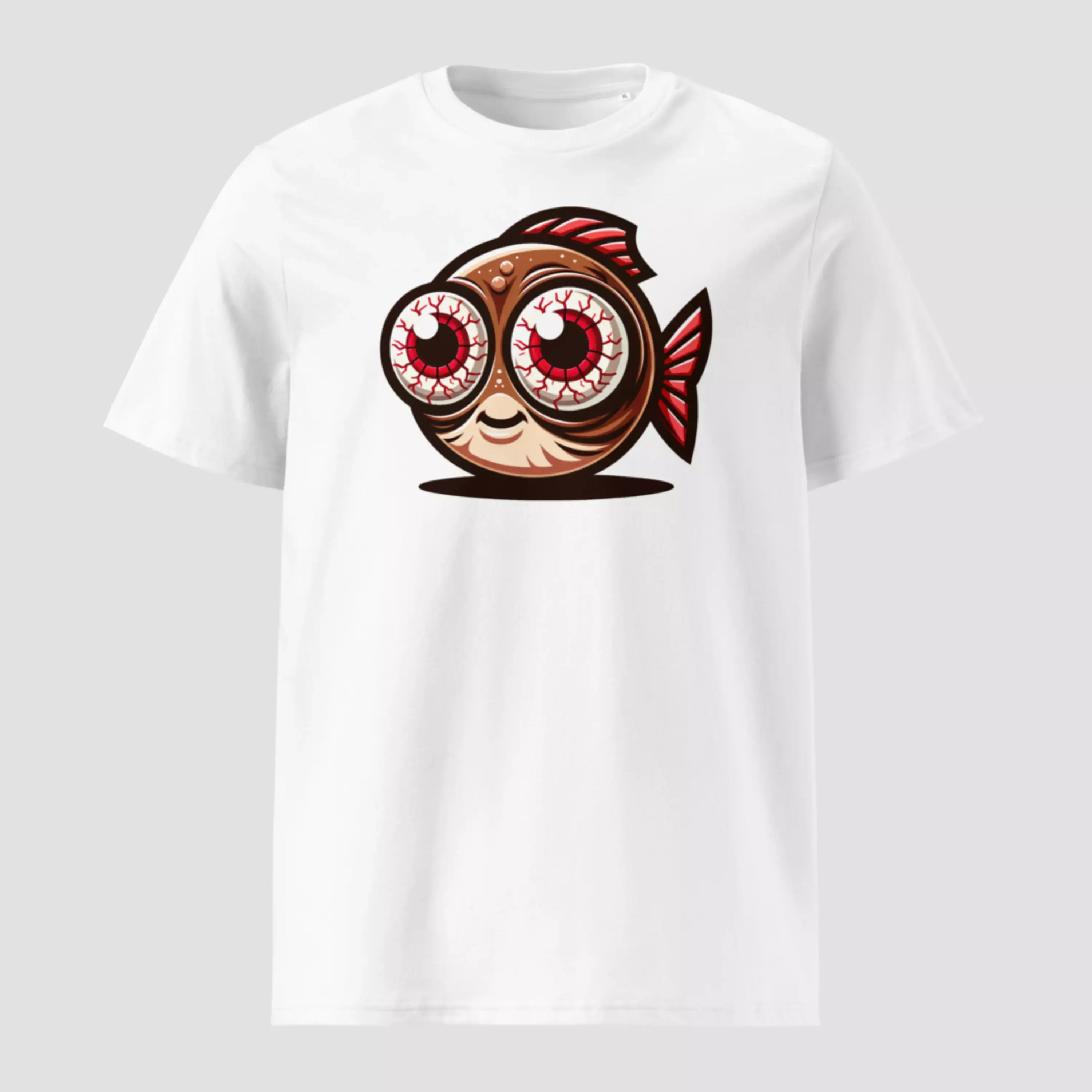 T-shirt humour décalé poisson. Un haut unisexe blanc, non porté pour voir les détails du design, imprimé sur un coton bio.