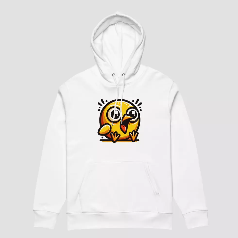 Miniature : Sweat à capuche humour décalé oiseau unisexe. Haut blanc mis à plat pour voir la qualité du design et du tissu en coton bio.