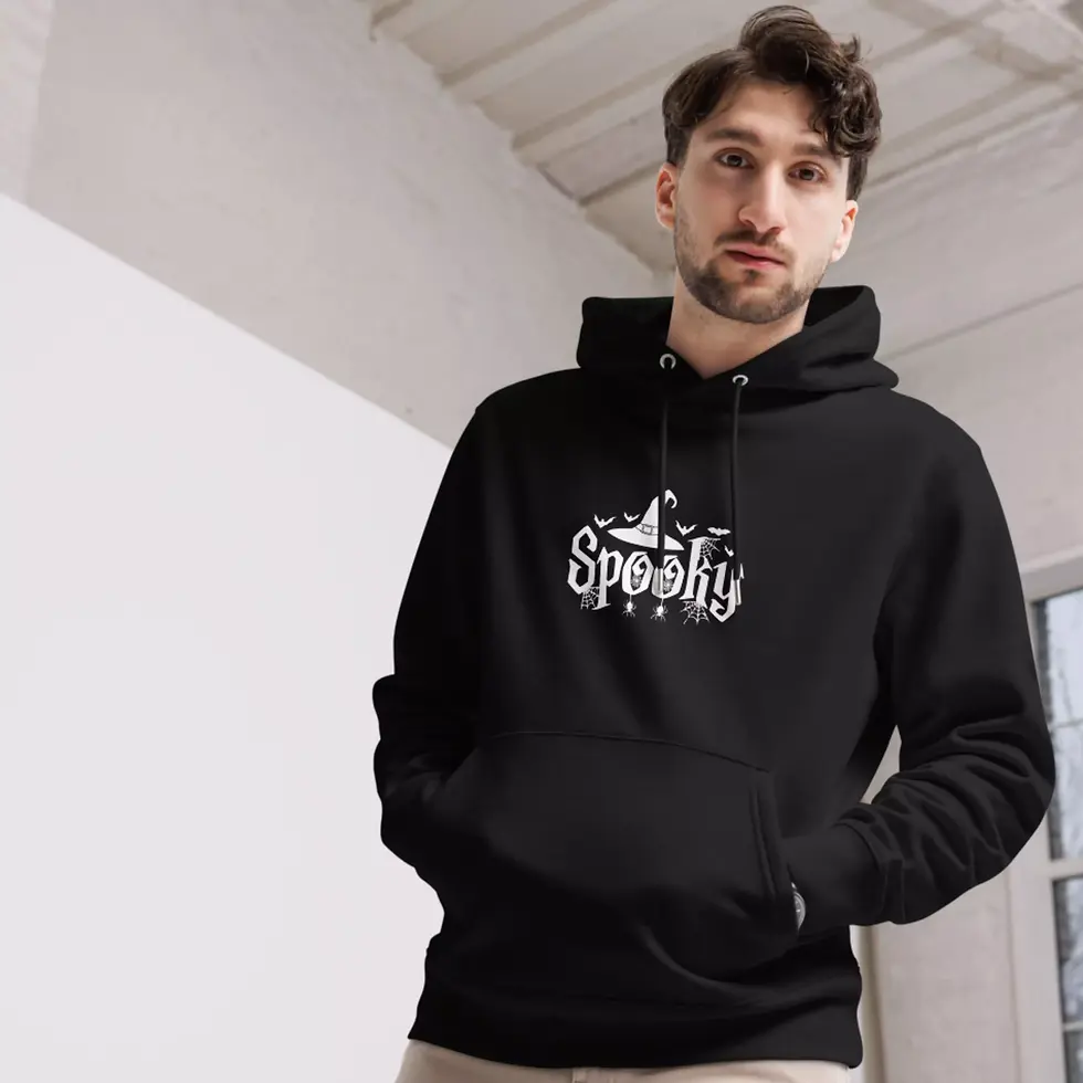 Miniature : Sweat à capuche spooky sorcière Halloween noir. Haut unisexe mis en valeur par un homme. Design imprimé sur un coton bio.