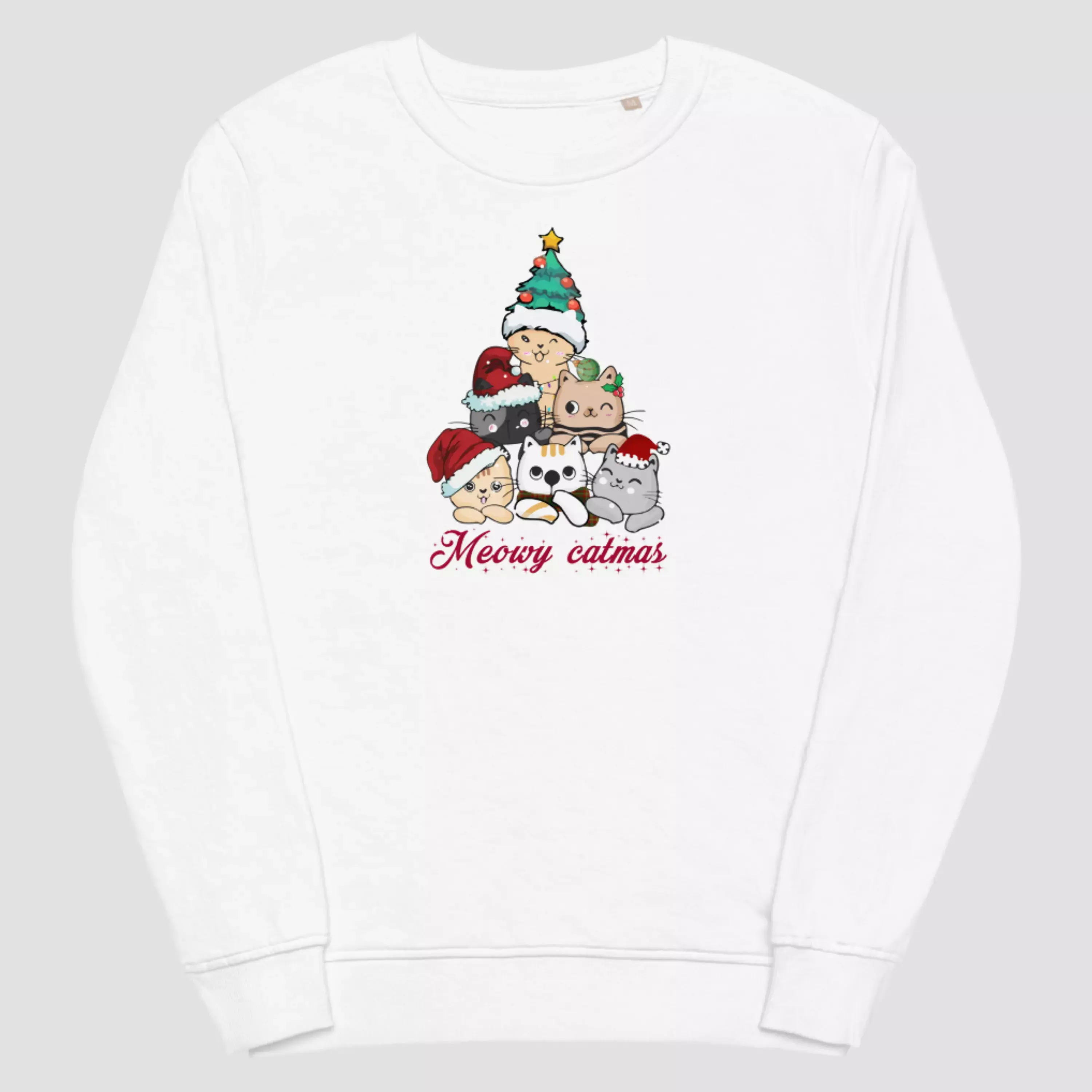 Sweat chat noël en coton bio et polyester recyclé blanc. Haut unisexe non porté pour voir la qualité des détails du design.