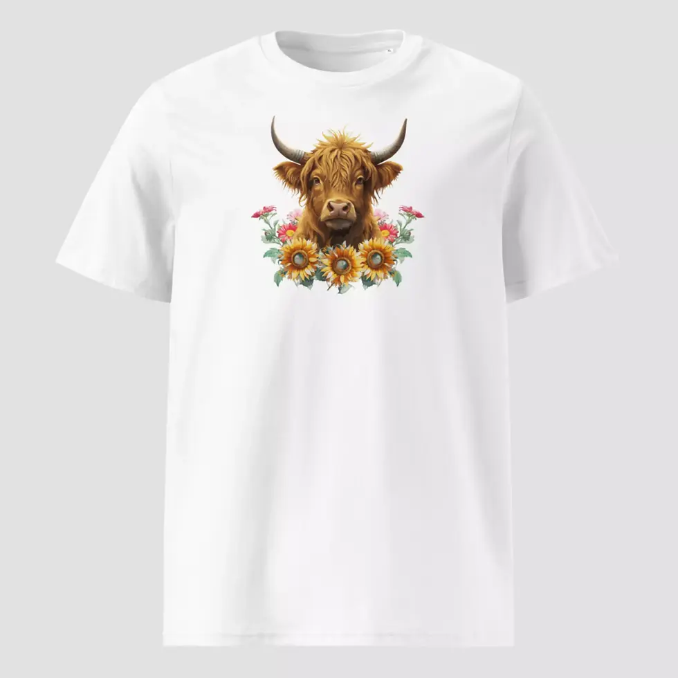 T-shirt highland cow en coton bio blanc. Un haut unisexe non porté pour voir les détails du design. Un style nature et chic.