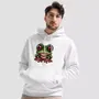 Miniature : Sweat à capuche humour décalé grenouille blanc. Haut unisexe mis en valeur par un homme. Design imprimé sur un coton bio.