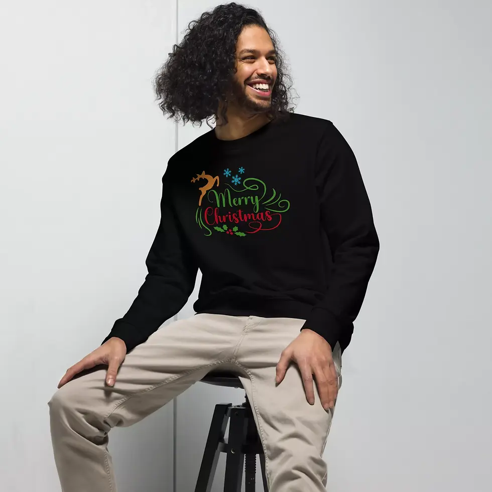 Miniature : Sweat rennes Noël noir porté par un homme, coton bio et polyester recyclé