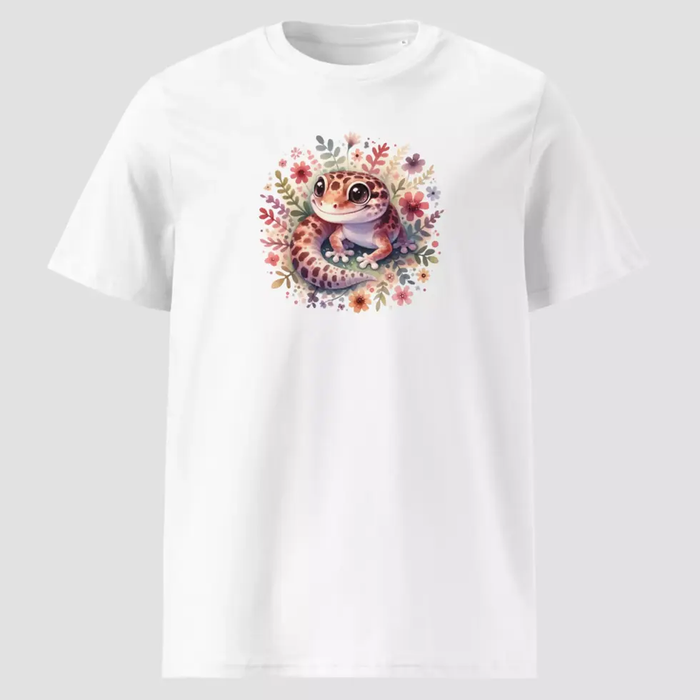 T-shirt gecko en coton bio blanc. Un haut unisexe non porté pour voir les détails du design floral. Un style nature et chic.