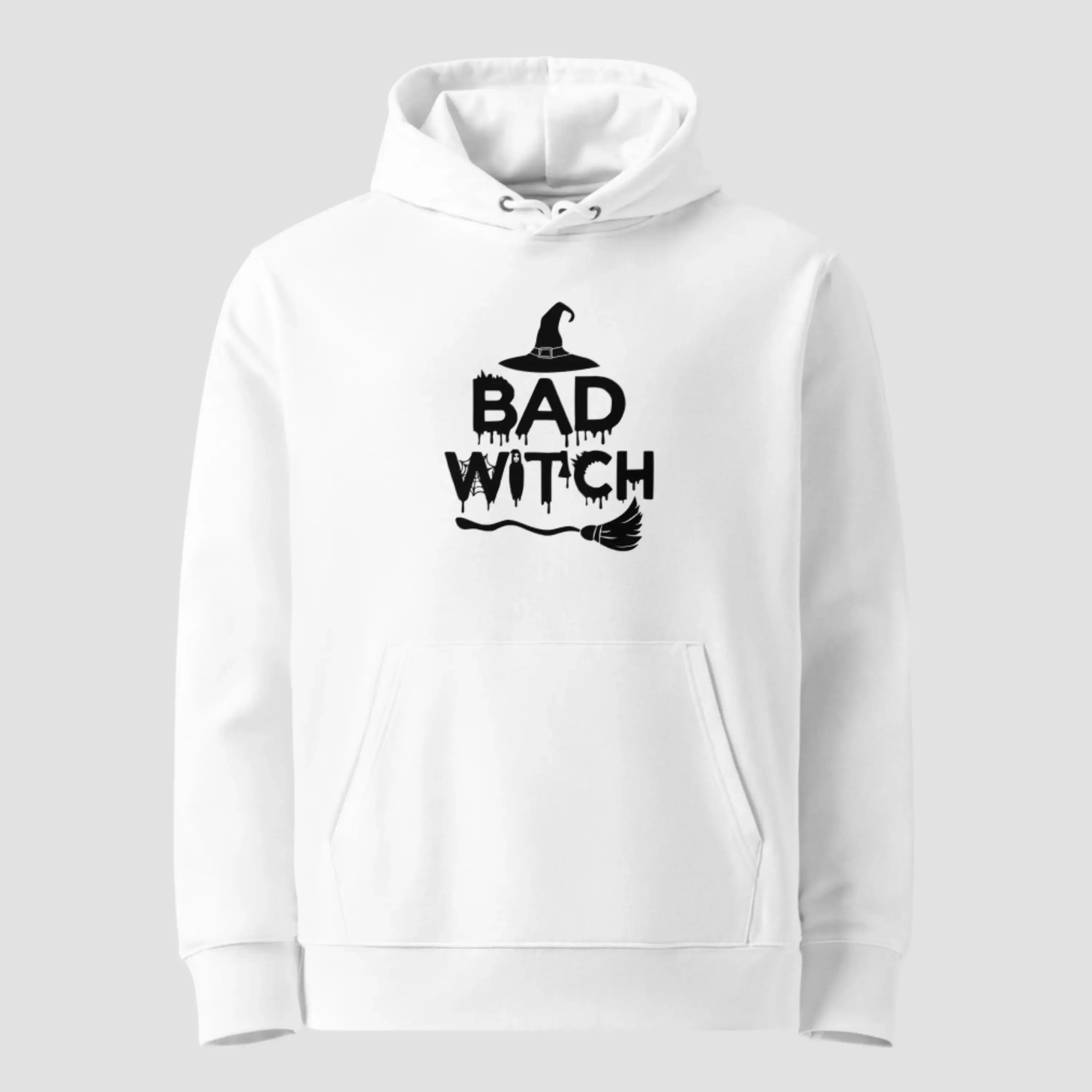 Sweat à capuche bad witch Halloween coton bio blanc. Un modèle unisexe non porté pour voir la qualité des détails du design.