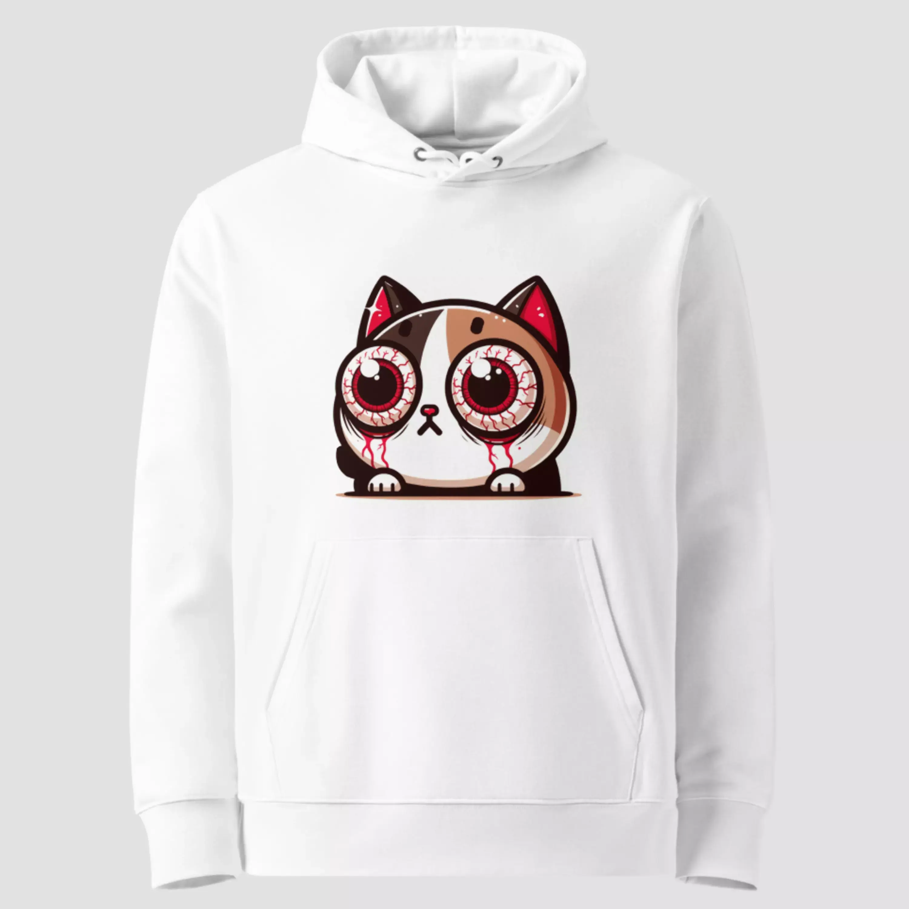 Sweat à capuche humour décalé chaton coton bio blanc. Un modèle unisexe non porté pour voir la qualité des détails du motif.