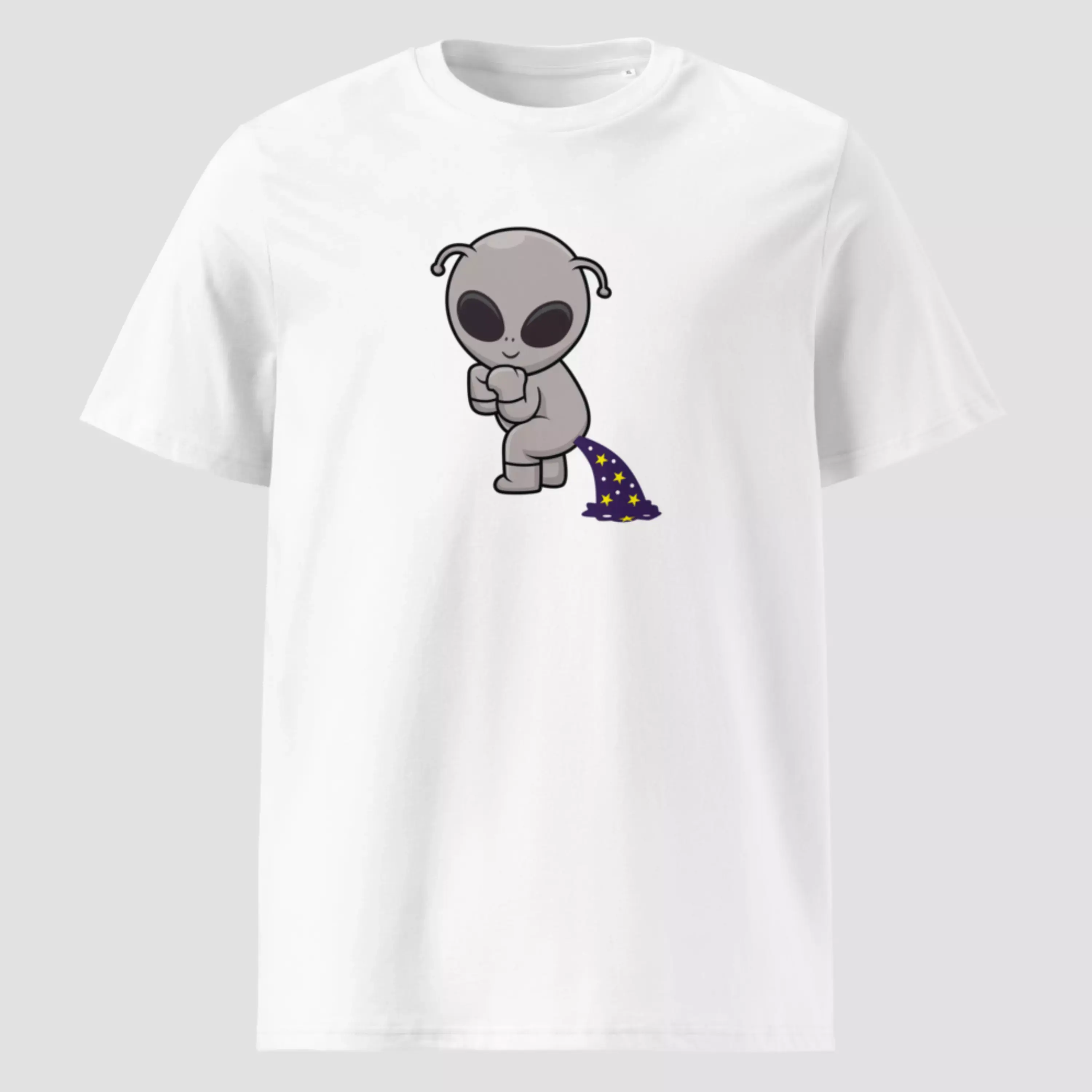 T-shirt alien en coton bio blanc. Un haut unisexe non porté pour voir les détails incroyables d'un design à l'humour décalé.