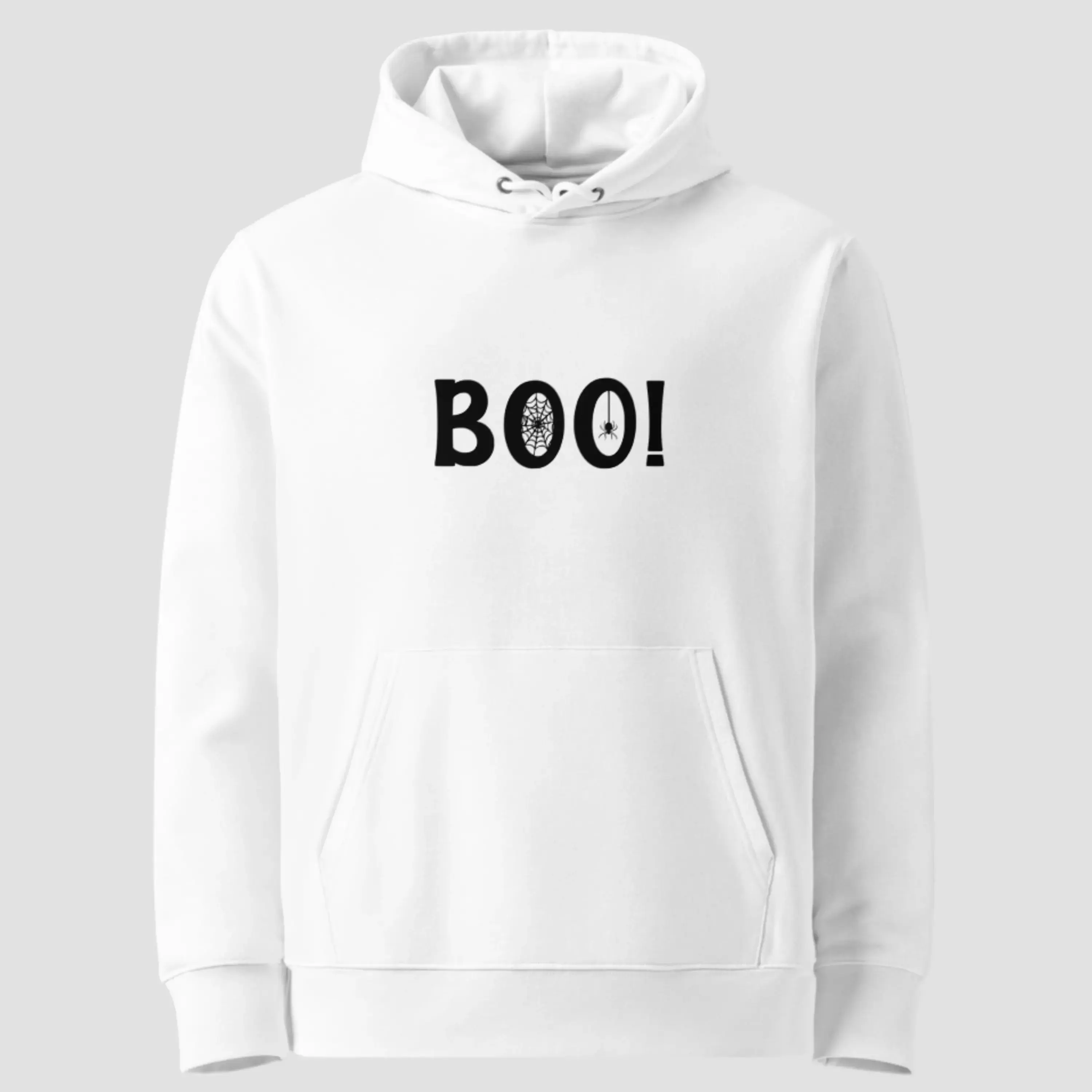 Sweat à capuche boo Halloween en coton bio blanc. Un modèle unisexe non porté pour voir la qualité des détails du design.