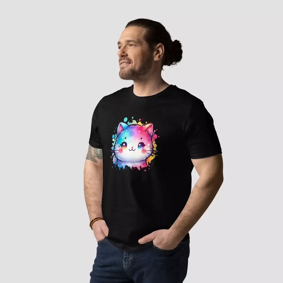 Miniature : T-shirt chat kawaii en coton bio noir. Ce haut unisexe est porté par un mannequin homme. Pour un look décontracté et élégant.