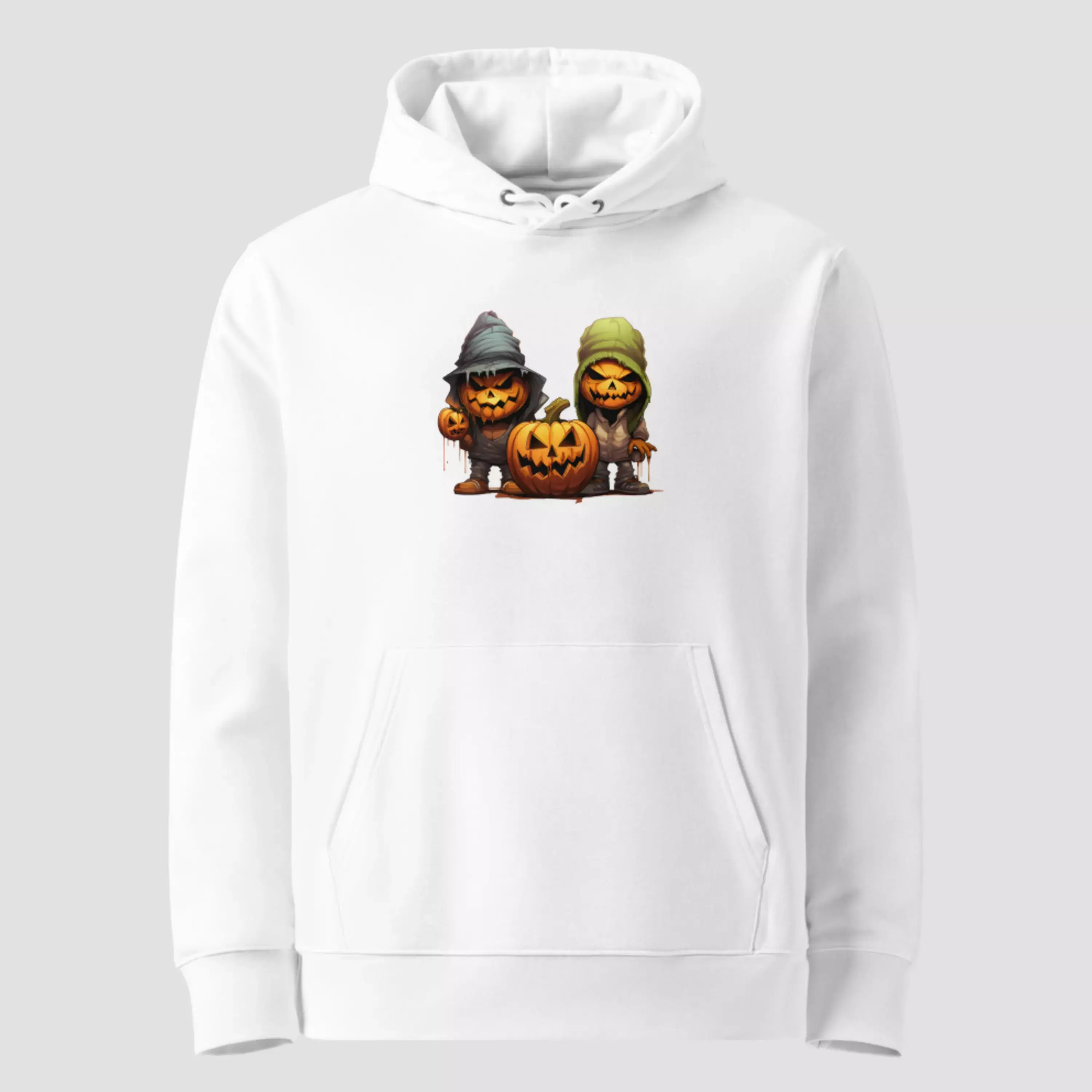 Sweat à capuche citrouille zombie Halloween coton bio blanc. Haut unisexe non porté pour voir la qualité de l'imprimé.