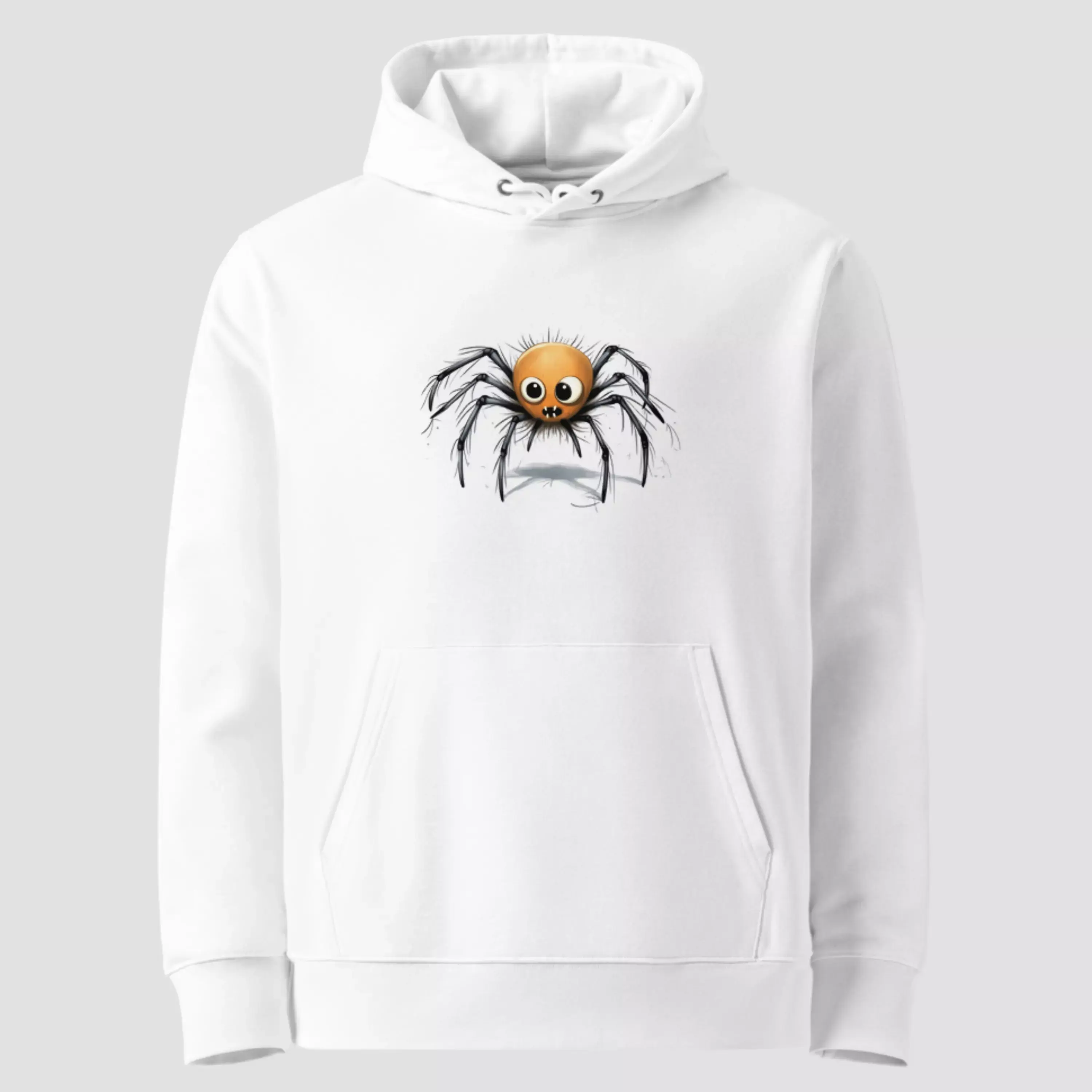 Sweat à capuche araignée Halloween coton bio blanc. Un modèle unisexe non porté pour voir la qualité des détails du design.