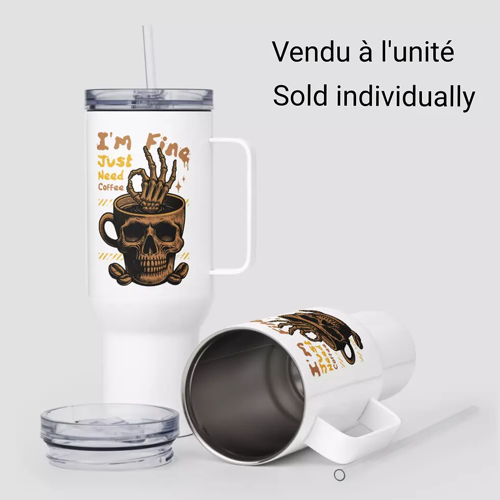 Mug Isotherme style Stanley 1,2 L avec Paille Crâne Café. Acier inoxydable et plastique sans BPA.
