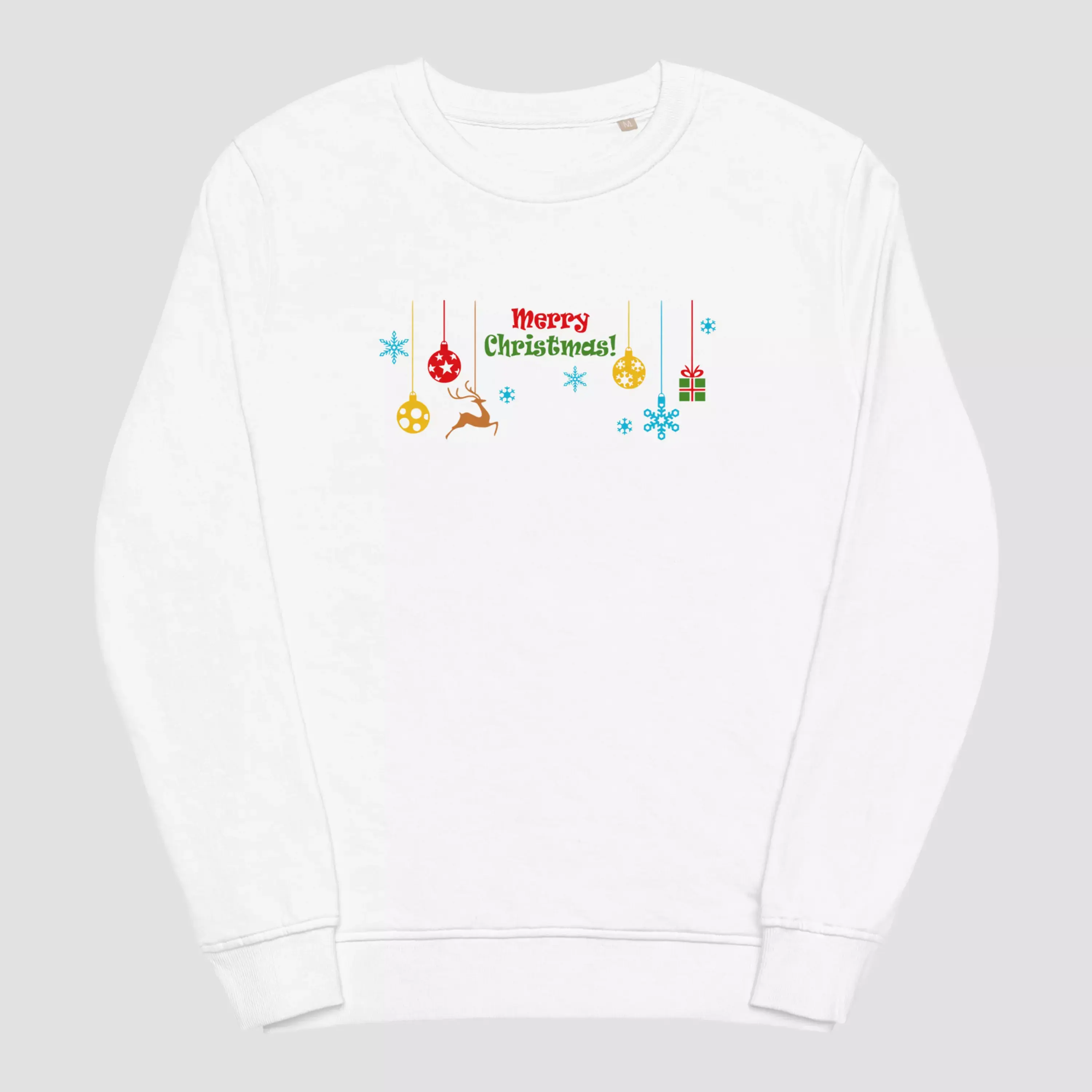 Sweat boule noël en coton bio et polyester recyclé blanc. Un modèle unisexe non porté pour voir la qualité du design.
