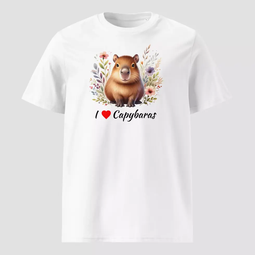 T-shirt capybara en coton bio blanc. Un modèle unisexe non porté pour voir les détails du design. Un style nature et chic.
