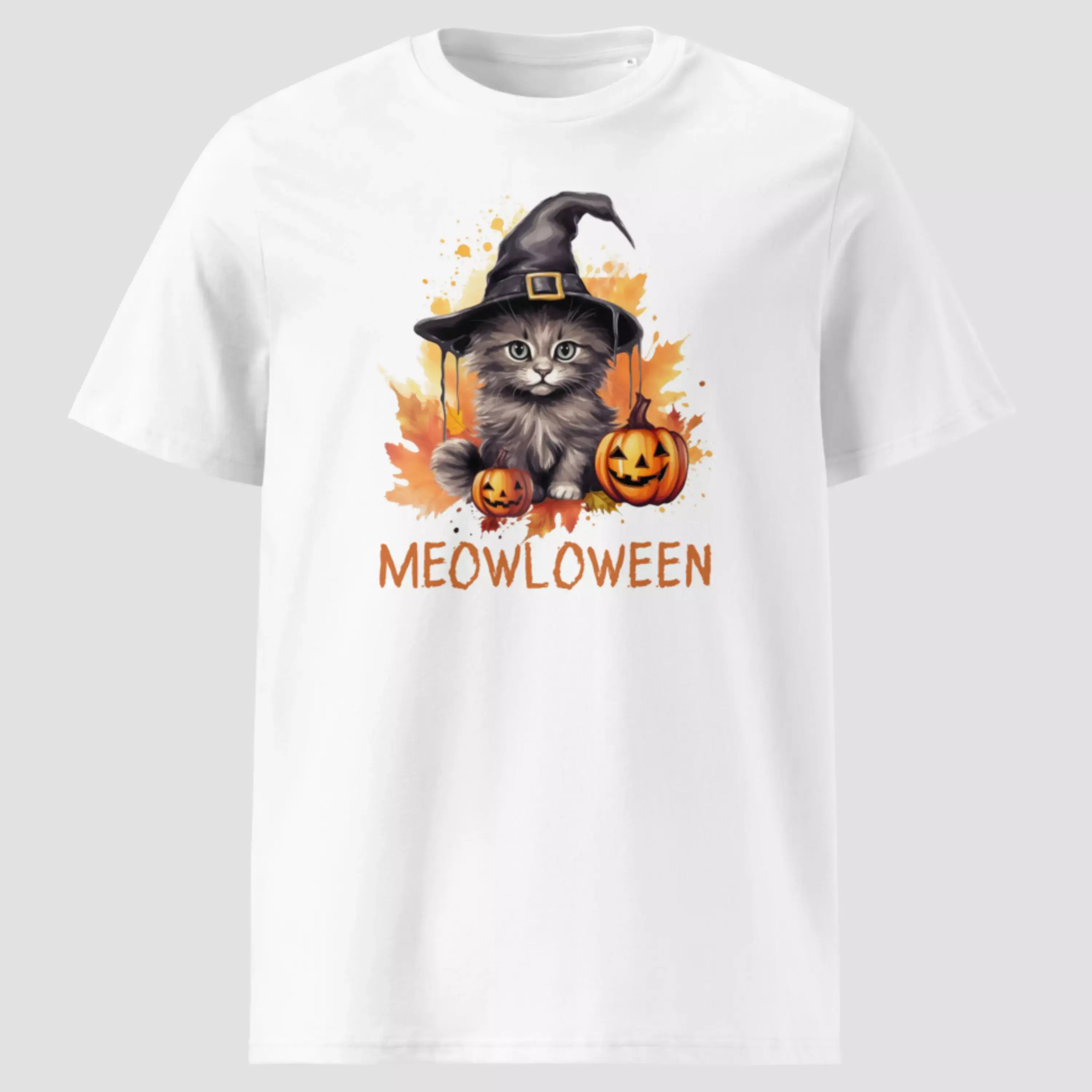 T-shirt chaton sortilège Halloween coton bio. Haut unisexe couleur blanc non porté pour voir les détails du design imprimé.