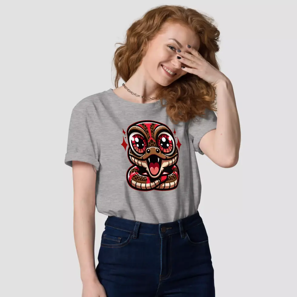 Miniature : T-shirt humour décalé serpent. Un modèle unisexe gris revêtu par une femme. Dessin imprimé sur un coton bio et confortable.