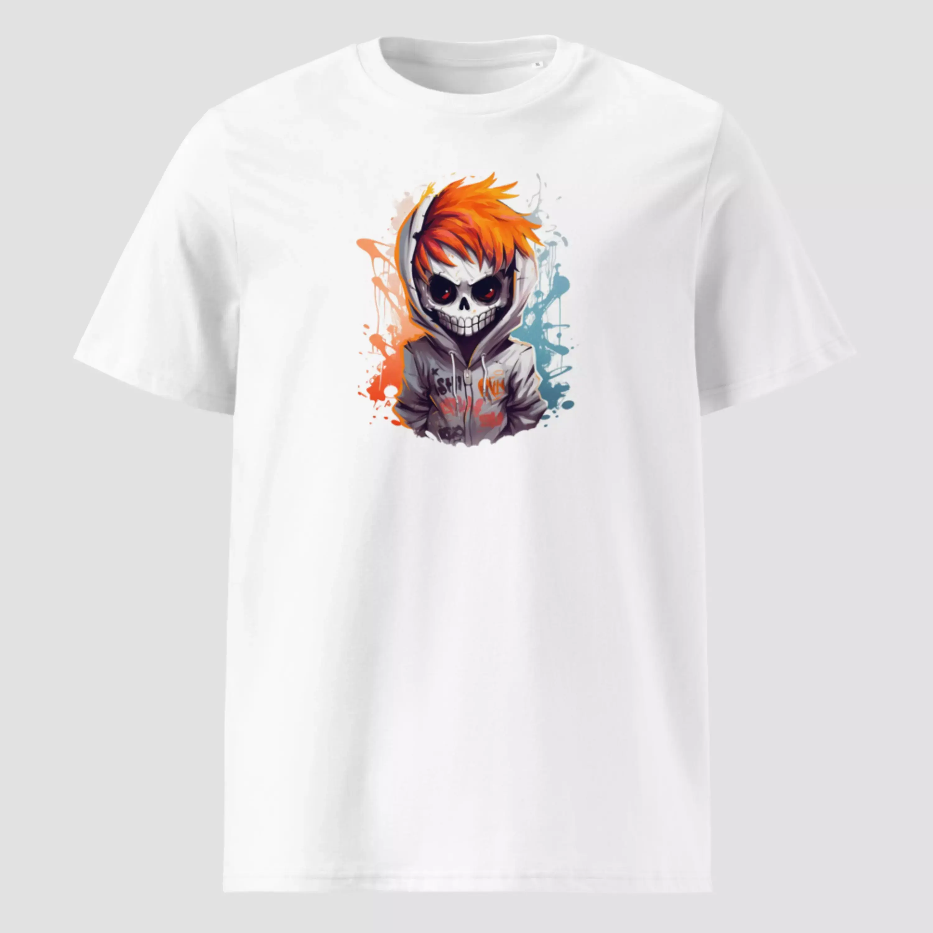 T-shirt squelette mort Halloween en coton bio, couleur blanc. Haut unisexe non porté pour voir les détails du design imprimé.