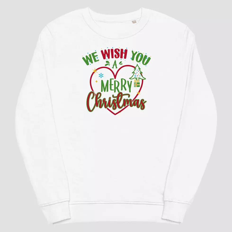 Sweat coeur noël en coton bio et polyester recyclé blanc. Haut unisexe non porté pour voir la qualité des détails du design.