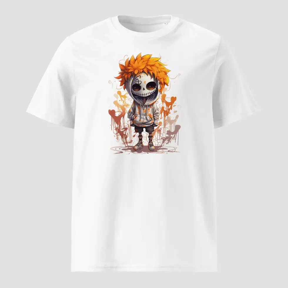 T-shirt mort vivant roux Halloween en coton bio. Un haut unisexe de couleur blanc non porté pour voir les détails du design.
