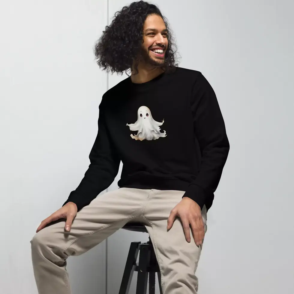 Miniature : Sweat fantôme halloween noir porté par un homme, coton bio et polyester recyclé