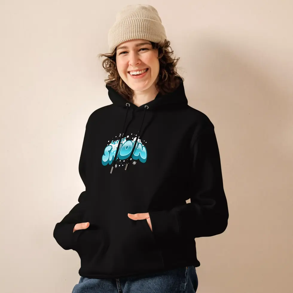 Miniature : Sweat à capuche let it snow Noël noir porté par une femme, coton bio doux