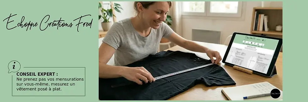 Une femme qui mesure un t-shirt pour déterminer la bonne taille pour commande sur echoppecreationsfred