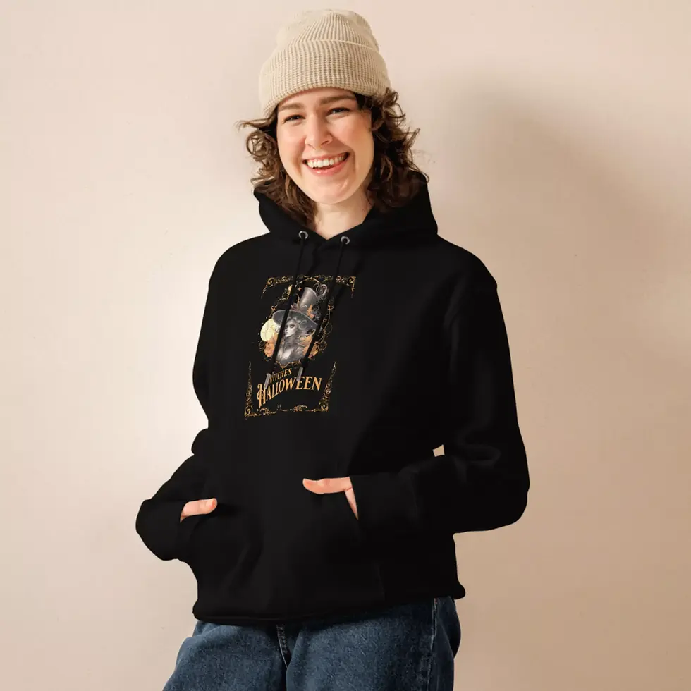 Miniature : Sweat à capuche rétro sorcière Halloween noir porté par une femme, coton bio