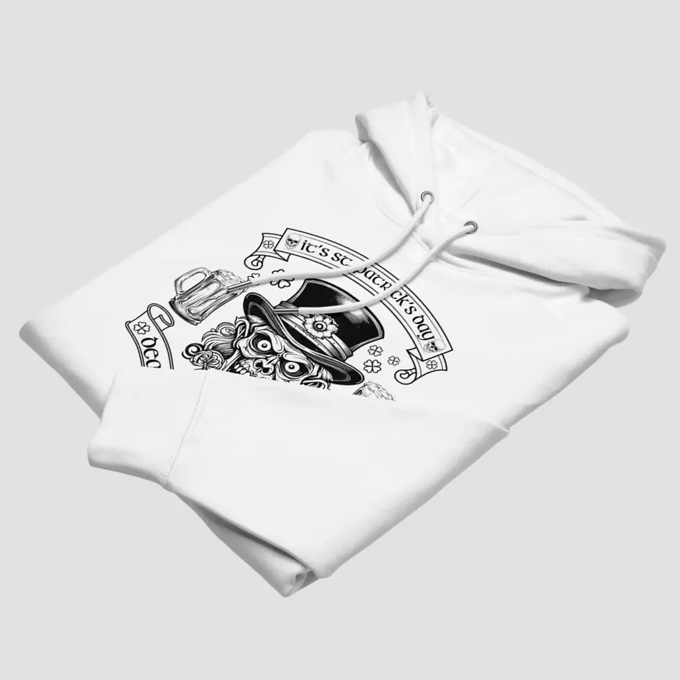 Miniature : Sweat à capuche monstre Saint Patrick bio. Haut blanc plié pour voir la qualité du design et du tissu en coton bio respirant.