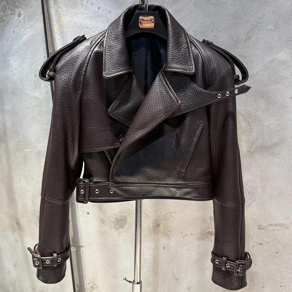 Thumbnail: Embossed Leather Jacket Women Winter Genuine Sheep Leather Coat Wide Shoulder