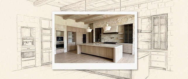 From design to reality: an architectural sketch transitioning into a finished Memorial Villages luxury kitchen remodel featuring a limestone wall and seamless integrated Miele appliances.