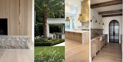 Luxury remodeling portfolio displaying a custom hand-carved stone block tub, a newly built backyard outdoor kitchen pavilion, and a rustic modern kitchen with unlacquered brass dome pendants.